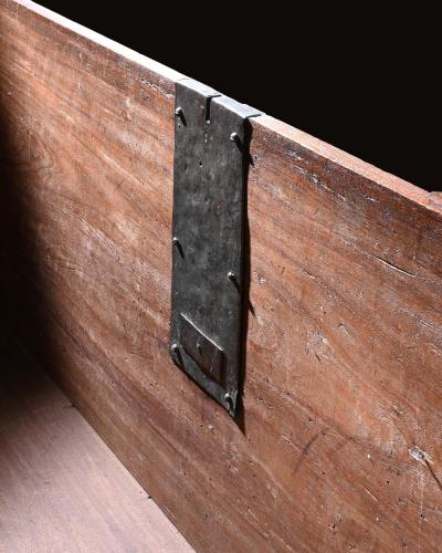 IMPOSING 17TH CENTURY PORTUGUESE COLONIAL MAHOGANY AND BRASS CHEST