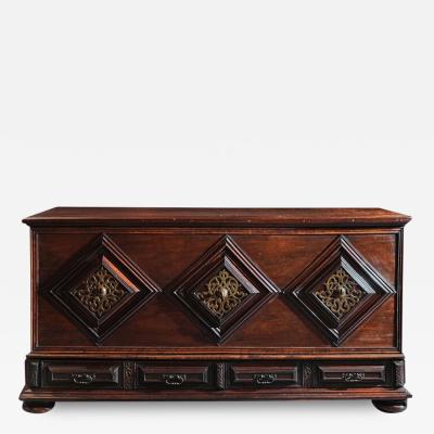IMPOSING 17TH CENTURY PORTUGUESE COLONIAL MAHOGANY AND BRASS CHEST