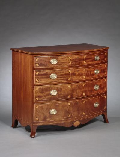 INLAID BOW FRONT CHEST OF DRAWERS