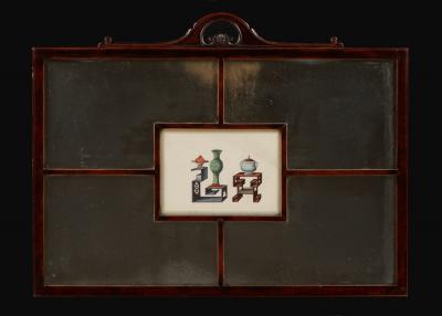 INTERESTING MAHOGANY WATERCOLOR INSET SECTIONAL MIRROR IN THE CHINESE TASTE