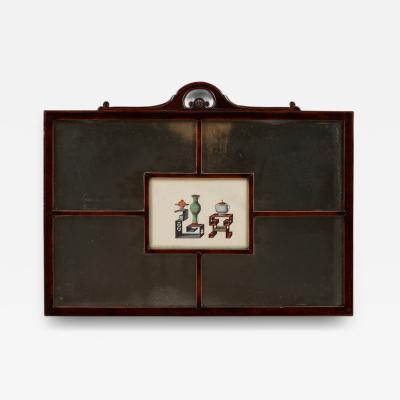 INTERESTING MAHOGANY WATERCOLOR INSET SECTIONAL MIRROR IN THE CHINESE TASTE