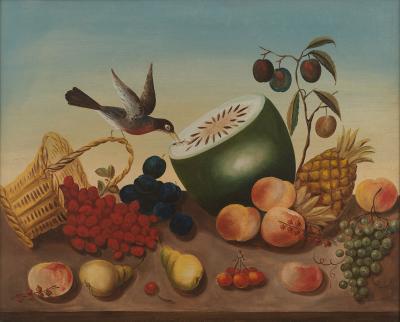 ISSAC W NUTTMAN Fruit Still Life with Toppled Basket and Bird