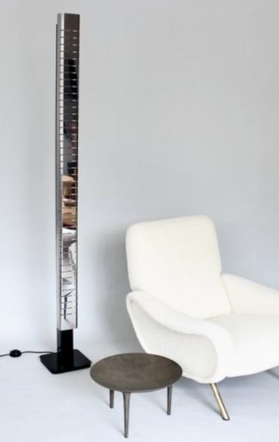 ITALIAN COLUMN FLOOR LAMP BY LAMPERTI POLISHED NICKEL CHROMED AND ENAMELED STEEL