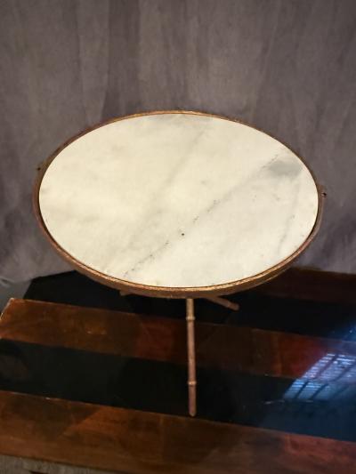 ITALIAN GILT METAL BAMBOO TRIPOD TWO RING TABLE WITH WITH MARBLE TOP