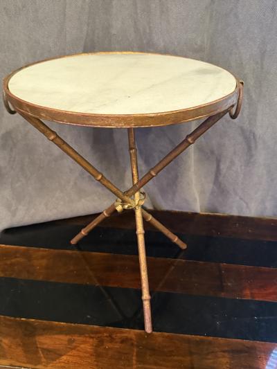 ITALIAN GILT METAL BAMBOO TRIPOD TWO RING TABLE WITH WITH MARBLE TOP