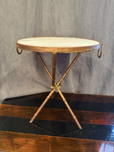 ITALIAN GILT METAL BAMBOO TRIPOD TWO RING TABLE WITH WITH MARBLE TOP
