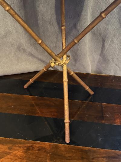 ITALIAN GILT METAL BAMBOO TRIPOD TWO RING TABLE WITH WITH MARBLE TOP