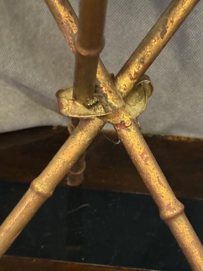 ITALIAN GILT METAL BAMBOO TRIPOD TWO RING TABLE WITH WITH MARBLE TOP
