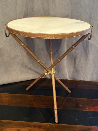 ITALIAN GILT METAL BAMBOO TRIPOD TWO RING TABLE WITH WITH MARBLE TOP