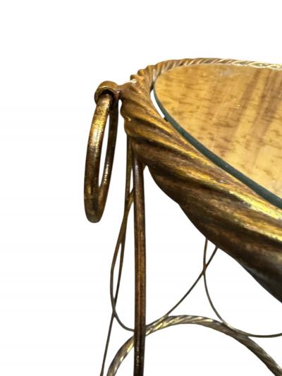 ITALIAN GILT METAL DRUM TABLE WITH ROPE EDGE ANTIQUE MIRROR TOP RING ACCENTS