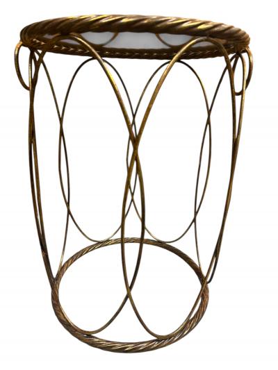 ITALIAN GILT METAL DRUM TABLE WITH ROPE EDGE ANTIQUE MIRROR TOP RING ACCENTS