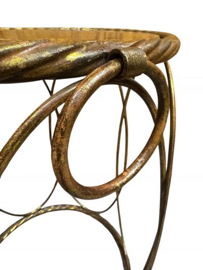 ITALIAN GILT METAL DRUM TABLE WITH ROPE EDGE ANTIQUE MIRROR TOP RING ACCENTS