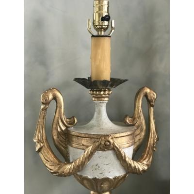 ITALIAN HAND CARVED WOOD POLY CHROME URN LAMP BASES FEATURING GILDED SWAN