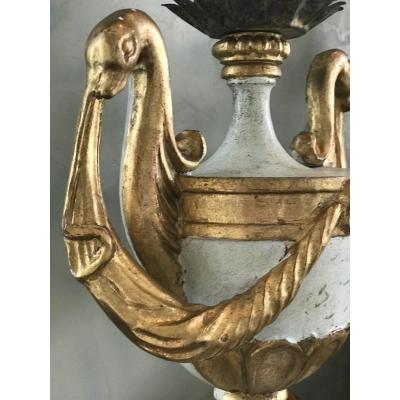 ITALIAN HAND CARVED WOOD POLY CHROME URN LAMP BASES FEATURING GILDED SWAN