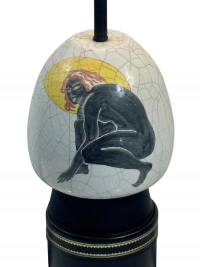 ITALIAN MID CENTURY CERAMIC CRAUQELAIRE LAMP WITH DECO STYLIZED CROUCHING NUDE