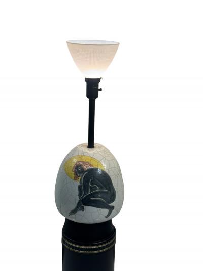 ITALIAN MID CENTURY CERAMIC CRAUQELAIRE LAMP WITH DECO STYLIZED CROUCHING NUDE