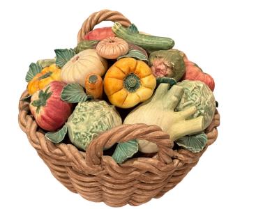 ITALIAN MID CENTURY MATTE CERAMIC BASKET OF VEGETABLES CENTERPIECE
