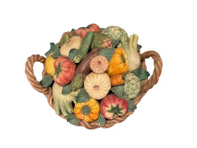 ITALIAN MID CENTURY MATTE CERAMIC BASKET OF VEGETABLES CENTERPIECE