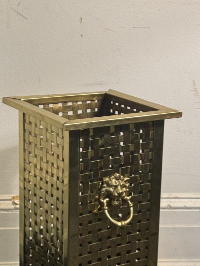 ITALIAN MID CENTURY WOVEN BRASS UMBRELLA STAND WITH LION HEAD AND RING HANDLES