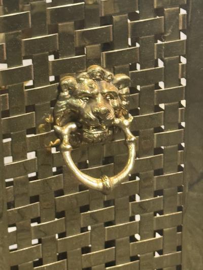 ITALIAN MID CENTURY WOVEN BRASS UMBRELLA STAND WITH LION HEAD AND RING HANDLES