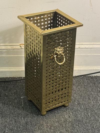 ITALIAN MID CENTURY WOVEN BRASS UMBRELLA STAND WITH LION HEAD AND RING HANDLES