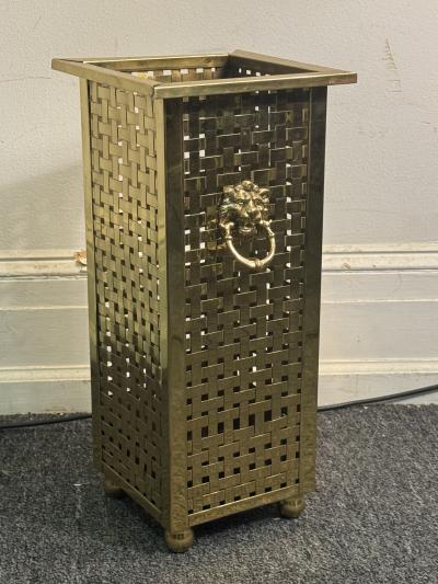ITALIAN MID CENTURY WOVEN BRASS UMBRELLA STAND WITH LION HEAD AND RING HANDLES