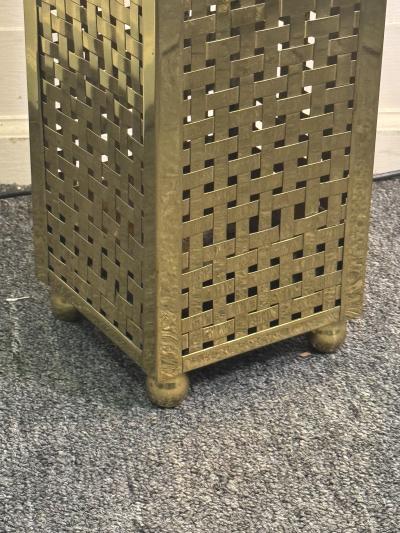 ITALIAN MID CENTURY WOVEN BRASS UMBRELLA STAND WITH LION HEAD AND RING HANDLES