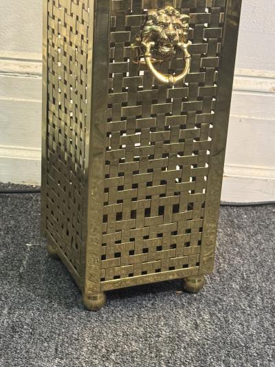 ITALIAN MID CENTURY WOVEN BRASS UMBRELLA STAND WITH LION HEAD AND RING HANDLES