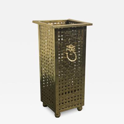 ITALIAN MID CENTURY WOVEN BRASS UMBRELLA STAND WITH LION HEAD AND RING HANDLES