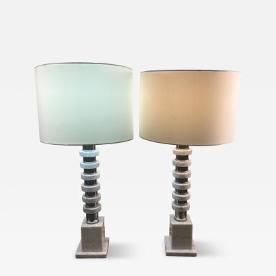 ITALIAN MODERN PAIR OF CARRERA MARBLE DISC AND CHROME LAMPS
