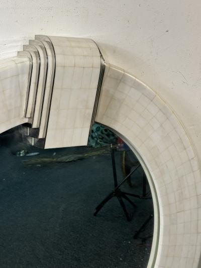 ITALIAN MODERNIST REVIVAL TESSELATED WHITE STONE AND CHROME INLAY MIRROR