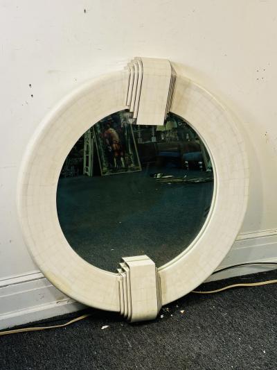 ITALIAN MODERNIST REVIVAL TESSELATED WHITE STONE AND CHROME INLAY MIRROR