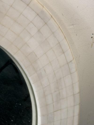 ITALIAN MODERNIST REVIVAL TESSELATED WHITE STONE AND CHROME INLAY MIRROR