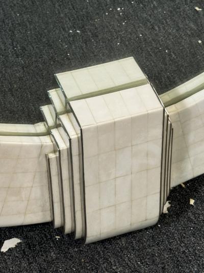 ITALIAN MODERNIST REVIVAL TESSELATED WHITE STONE AND CHROME INLAY MIRROR