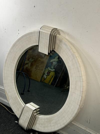 ITALIAN MODERNIST REVIVAL TESSELATED WHITE STONE AND CHROME INLAY MIRROR