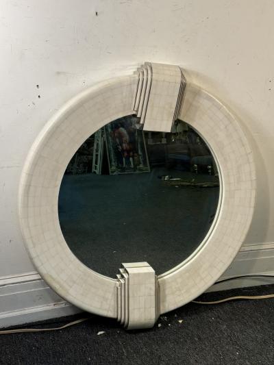 ITALIAN MODERNIST REVIVAL TESSELATED WHITE STONE AND CHROME INLAY MIRROR
