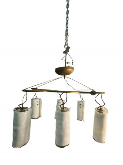 ITALIAN POST MODERN GOLDTONE METAL CHANDELIER WITH SIX MURANO GLASS SHADES