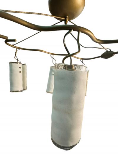 ITALIAN POST MODERN GOLDTONE METAL CHANDELIER WITH SIX MURANO GLASS SHADES