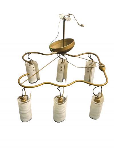 ITALIAN POST MODERN GOLDTONE METAL CHANDELIER WITH SIX MURANO GLASS SHADES
