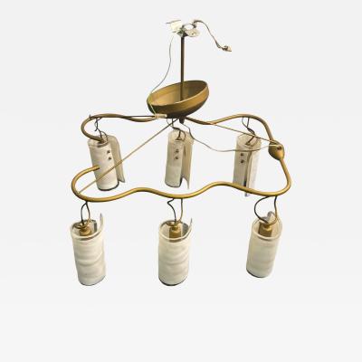 ITALIAN POST MODERN GOLDTONE METAL CHANDELIER WITH SIX MURANO GLASS SHADES