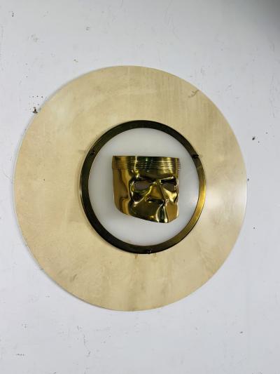 ITALIAN POST MODERN LUCITE AND BRASS MASK WALL PLAQUE