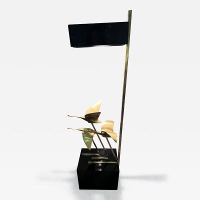 ITALIAN SCULPTURAL BRASS FLOCK OF GEESE AND BLACK LUCITE FLOOR LAMP