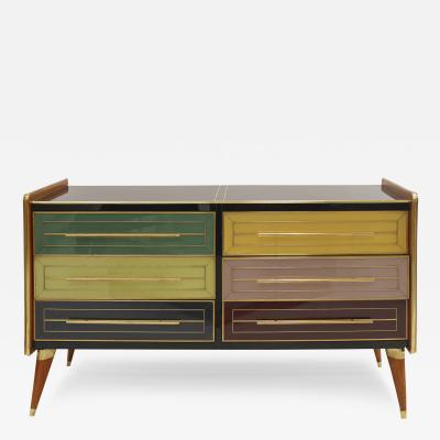 ITALIAN SIDEBOARD MADE OF SOLID WOOD AND COVERED WITH COLORED GLASS 1950S