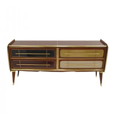 ITALIAN SIDEBOARD MADE OF SOLID WOOD AND COVERED WITH COLORED GLASS 1950S