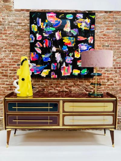 ITALIAN SIDEBOARD MADE OF SOLID WOOD AND COVERED WITH COLORED GLASS 1950S