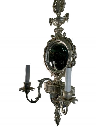 ITALIAN SILVER LEAF NEOCLASSICAL CARVED WOOD TWO LIGHT CONVEX MIRROR SCONCES