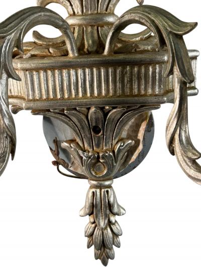 ITALIAN SILVER LEAF NEOCLASSICAL CARVED WOOD TWO LIGHT CONVEX MIRROR SCONCES