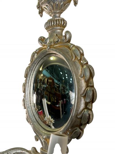 ITALIAN SILVER LEAF NEOCLASSICAL CARVED WOOD TWO LIGHT CONVEX MIRROR SCONCES
