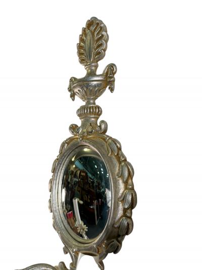 ITALIAN SILVER LEAF NEOCLASSICAL CARVED WOOD TWO LIGHT CONVEX MIRROR SCONCES