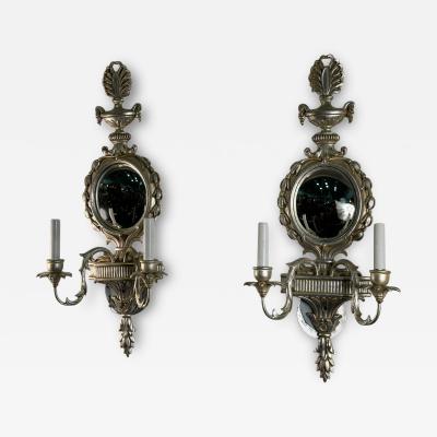 ITALIAN SILVER LEAF NEOCLASSICAL CARVED WOOD TWO LIGHT CONVEX MIRROR SCONCES